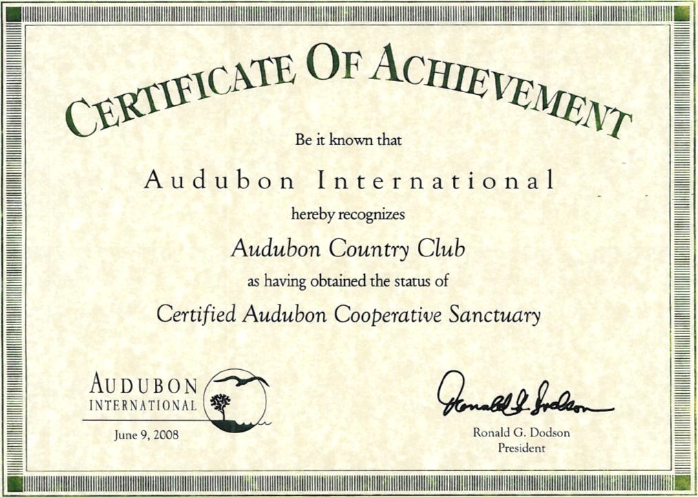 Audubon Country Club Certified Audubon Sanctuary Certificate Naples Florida